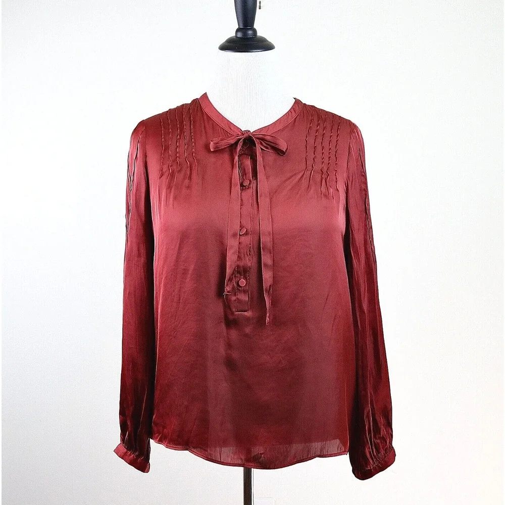 J Crew Size M Featherweight Satin Tie Neck Blouse Clay Tile Orange